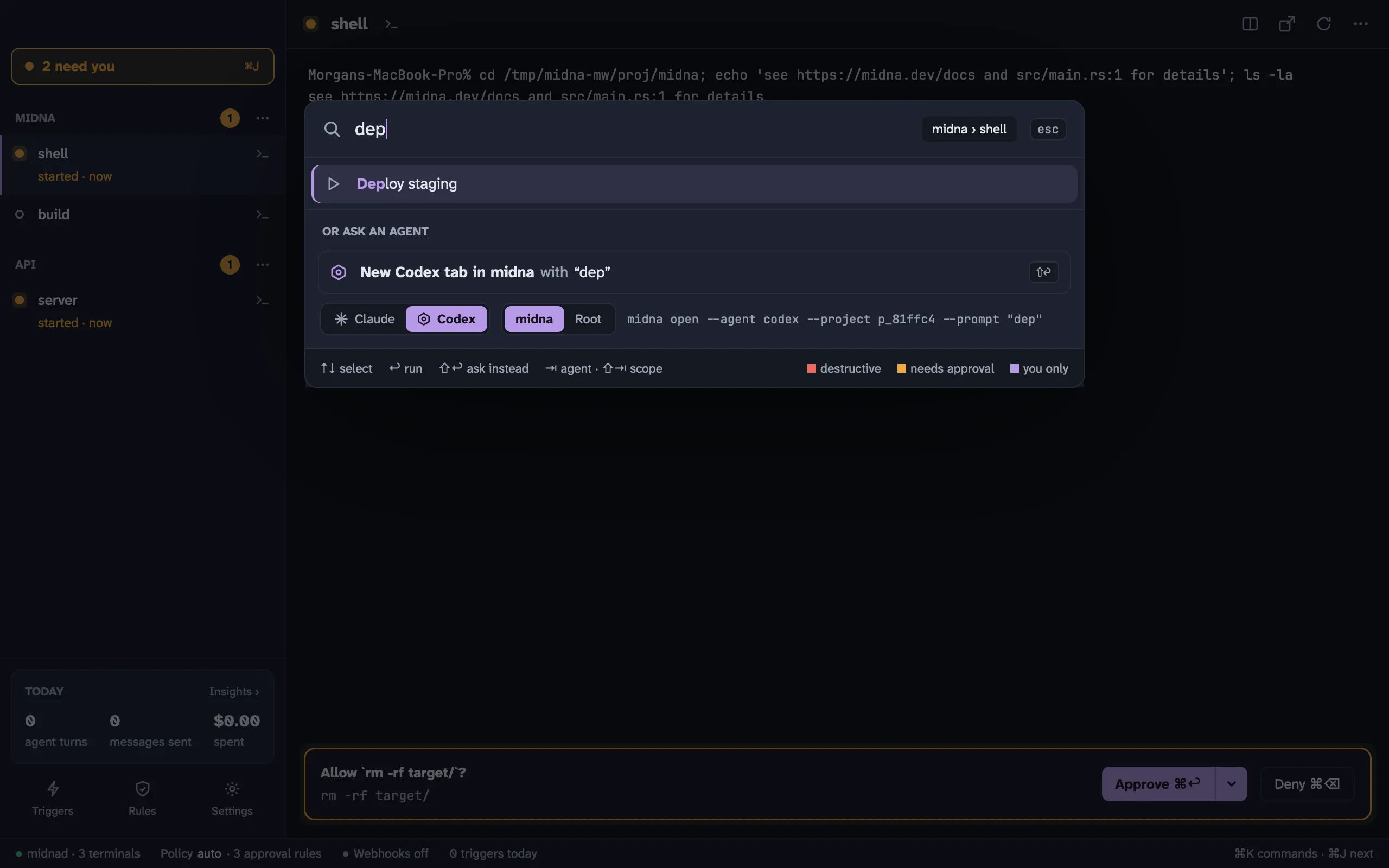 The command bar with a typed query, a matching command, and “Or ask an agent” below it