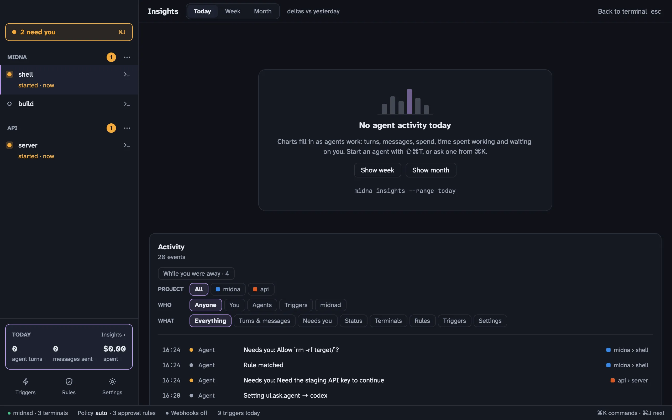Insights with the Today range selected and the activity log below