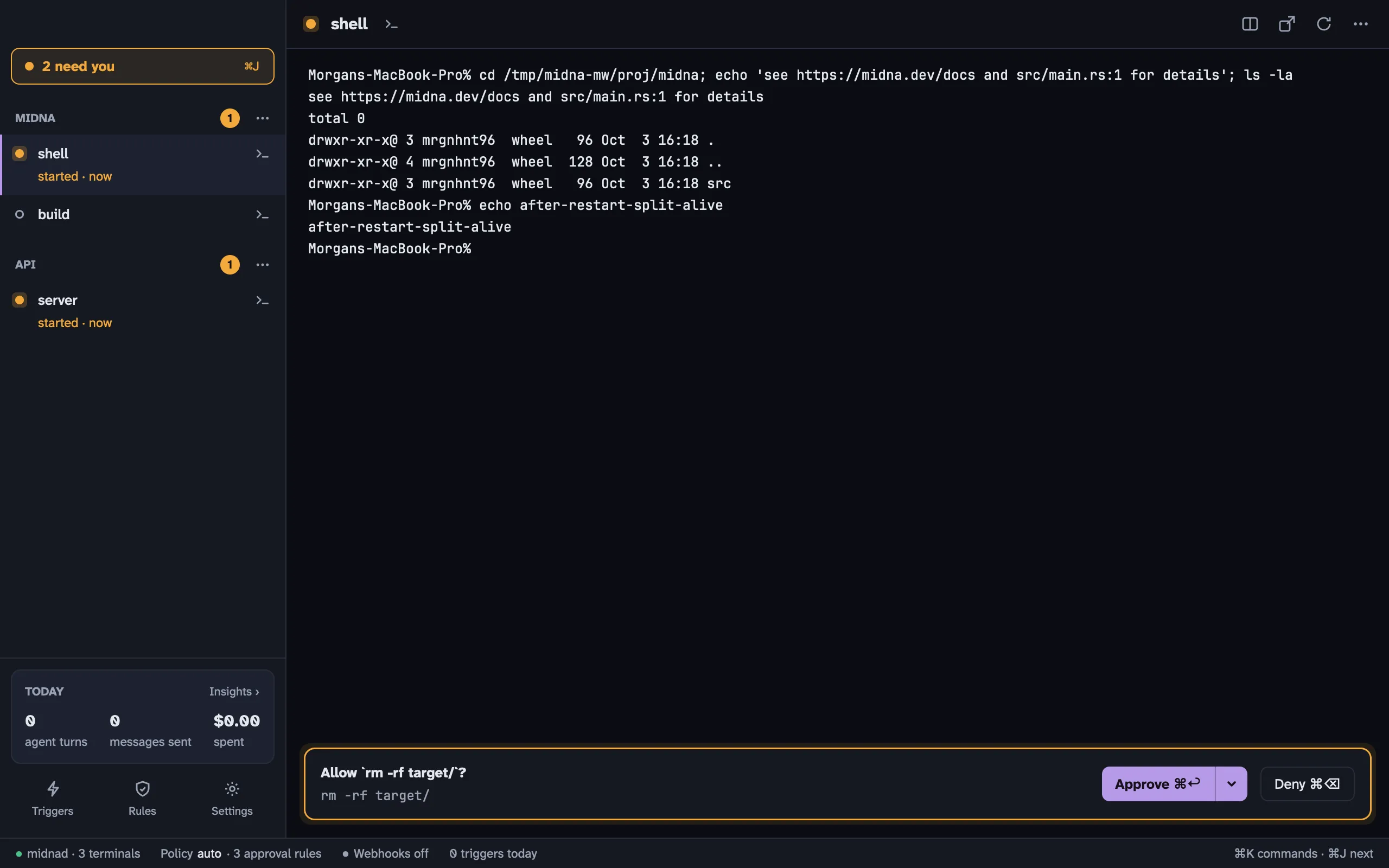 The midna main window: projects and terminals in the sidebar, a shell, and an approval waiting at the bottom