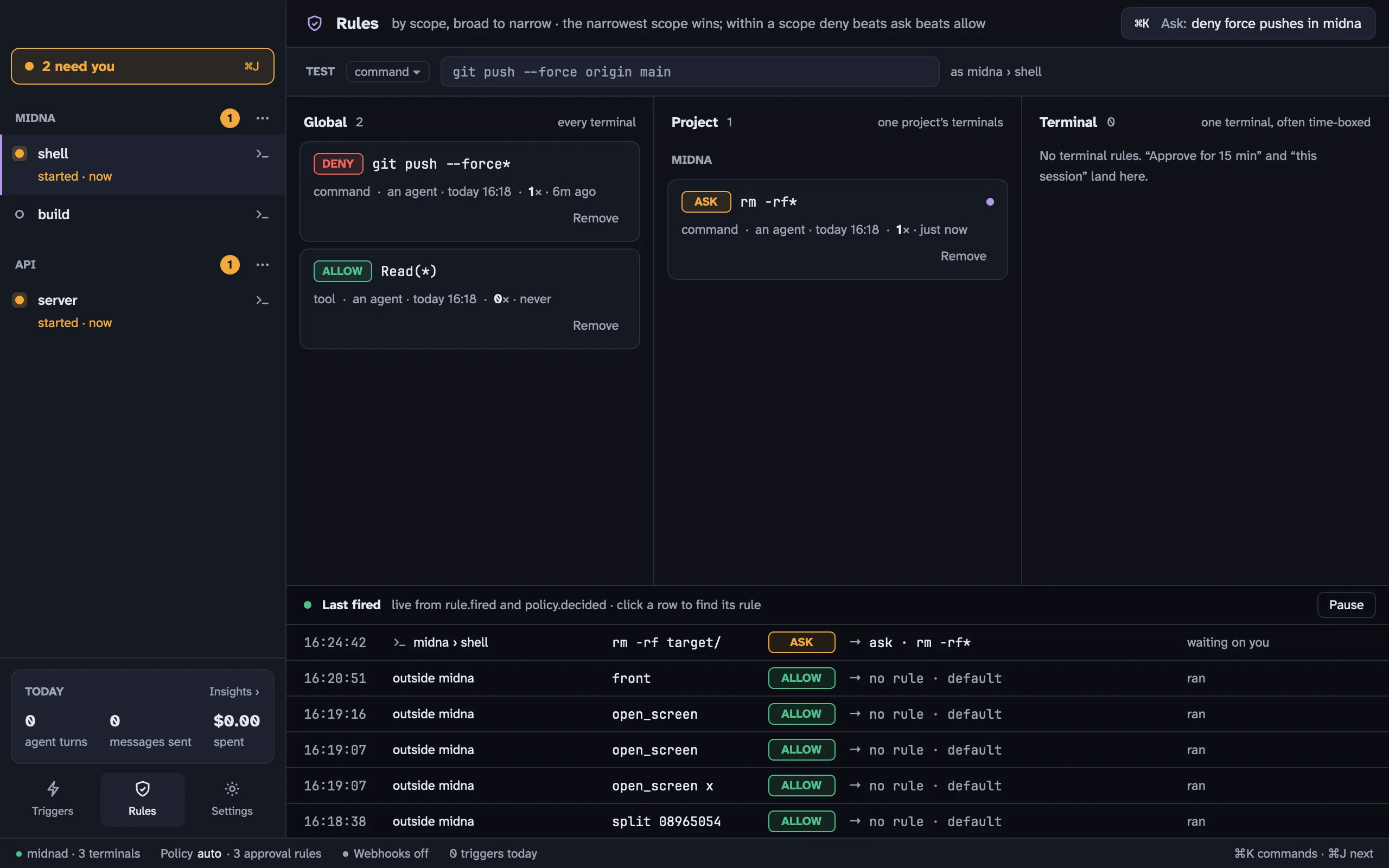 The Rules screen: global, project and terminal lanes, a test strip, and the live “Last fired” feed