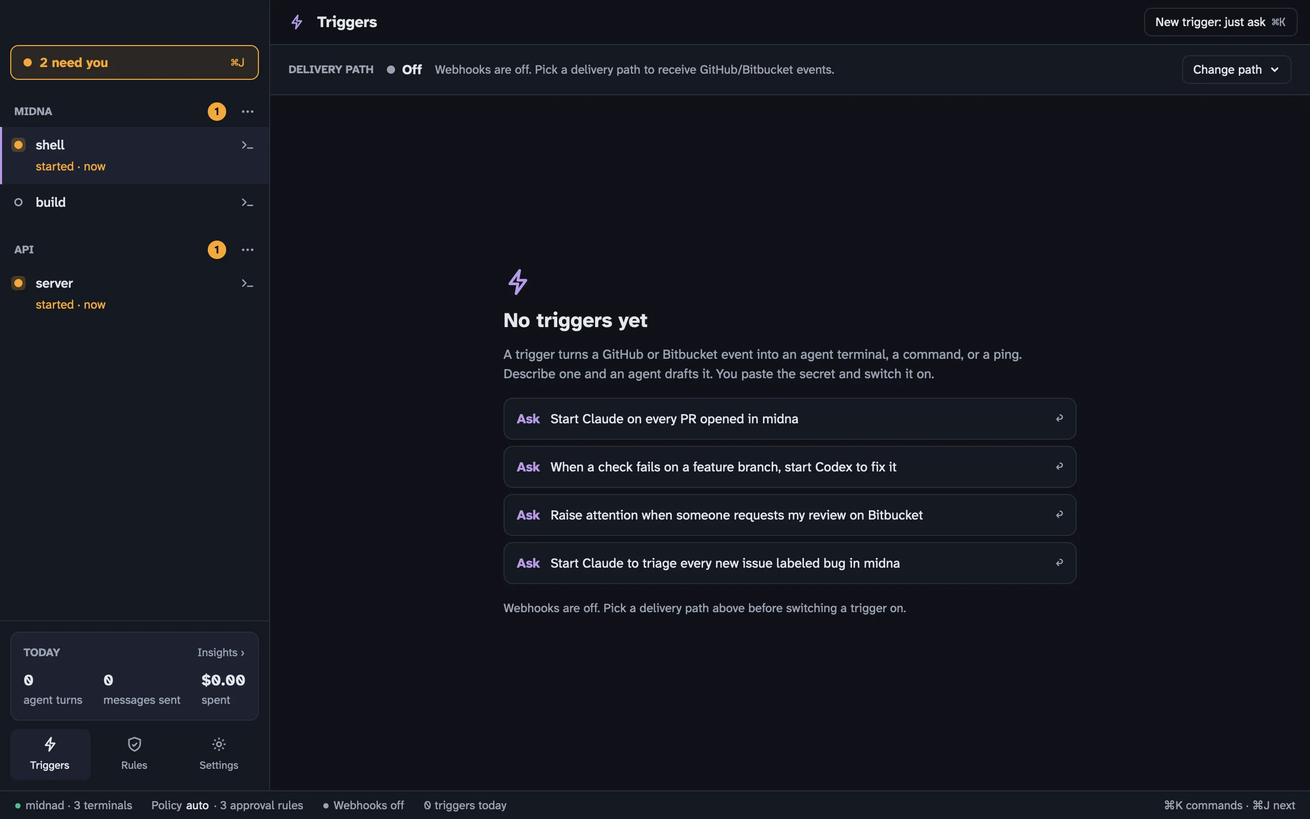 The Triggers screen with webhooks off and suggestions to ask an agent for a trigger